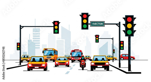 Busy City Street with Traffic Lights.