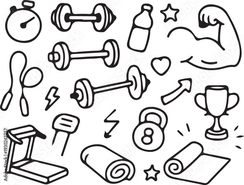 hand drawn gym fitness training outline icons set vector illustration design collection art 
