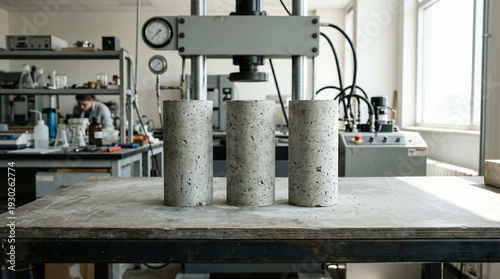 Three Concrete Cylinders in a Laboratory Setting Undergoing Compression Test Process