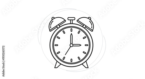 Retro Alarm Clock Icon, Vintage Timepiece, Simple Line Art, Isolated on White Background