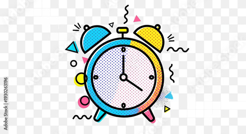 Retro Alarm Clock Illustration with Wavy Lines and Geometric Shapes