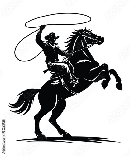 Cowboy Riding Rearing Horse Black and White Silhouette Vector Illustration