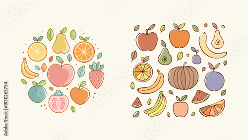 Assortment of Fresh and Vibrant Fruits Illustrated in a Flat Design Style, Showcasing a Variety of Healthy Produce