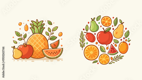 A Vibrant Collection of Fresh Fruits Arranged in Two Delightful Illustrations, Showcasing Pineapple, Watermelon, Apples, and Oranges