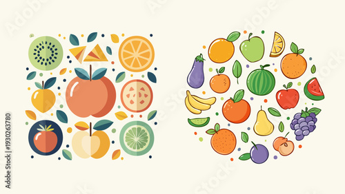 Vibrant Assortment of Fresh Fruits and Vegetables Displayed in Flat Design Style