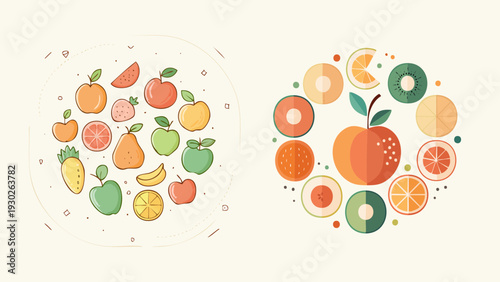 Collection of stylized, colorful illustrations of various fruits arranged in circular patterns