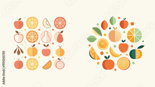 Arrangement of Colorful Fruit Illustrations in a Square and Circle, Featuring Apples, Oranges, and Pears