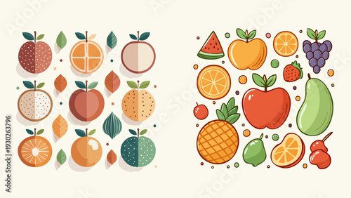 Assortment of Fresh Fruits and Citrus Slices, Illustrated in a Flat, Stylized Design