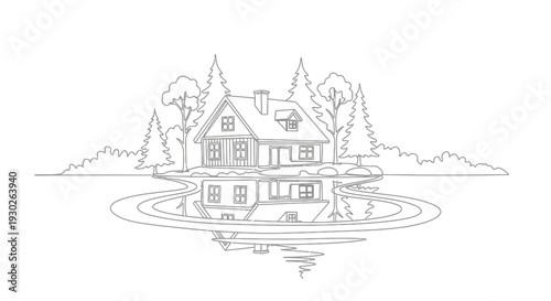 Minimalist Line Art of a House Reflected in Water Surrounded by Trees