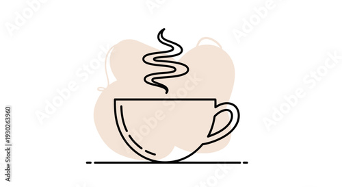 Minimalist Line Art of Steaming Coffee Cup on Beige Background