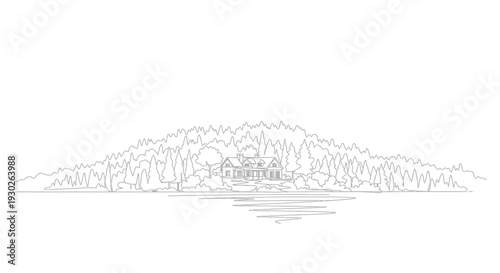 Minimalist Line Drawing of a Lakeside House Surrounded by Dense Forest and Water Reflection