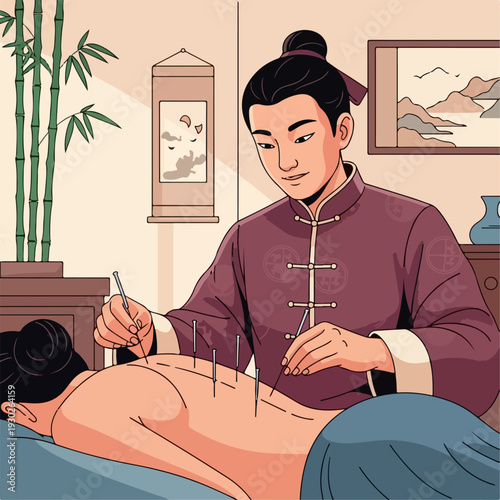 Vector illustration of a person treating acupuncture points