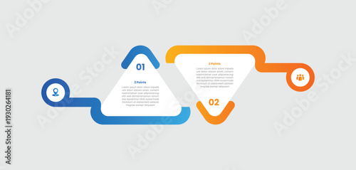 2 points comparison versus infographic with gradient style with round triangle with thick outline cut on upside down direction with 2 elements stages
