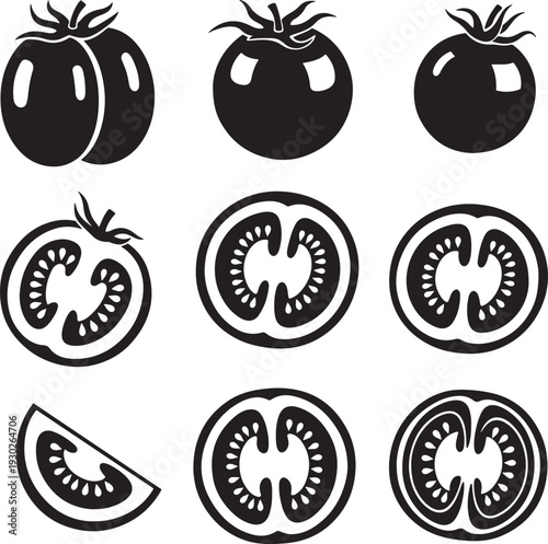 Black Tomato Vector Icons Set with Slices and Whole Fruits