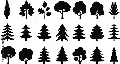 Set of black tree silhouettes icons isolated on white background, forest pine and deciduous vector collection