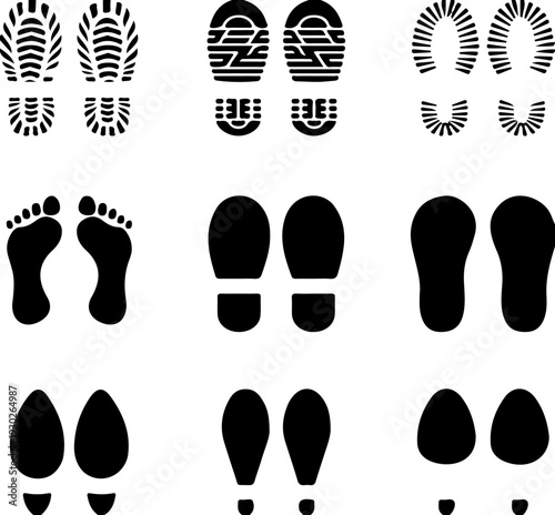 Set of 9 Black Footprint and Shoe Print Vector Icons