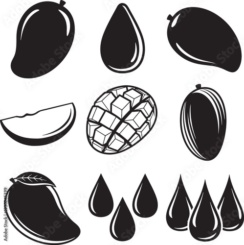 Black and White Mango Fruit Illustrations with Slices and Juice Drops