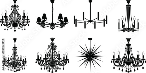 Elegant Chandelier Silhouettes Collection with Classic and Modern Ceiling Light Fixtures Isolated on White Background Vector Set
