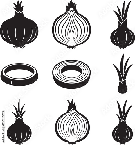Minimalist Black Onion and Garlic Vector Icons Set for Design