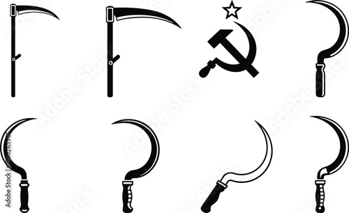 Scythe and Sickle Silhouettes Collection with Soviet Hammer and Star Symbol Isolated on White Background Vector Set