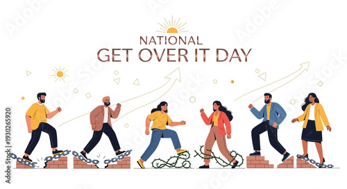 Illustration of diverse people stepping over obstacles on National Get Over It Day, symbolizing empowerment, strength, and overcoming challenges.