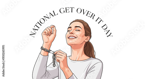 Woman breaking free from shackles on National Get It Over Day, symbolizing empowerment and overcoming challenges.