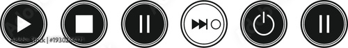 Media Control Button Icons with Play, Stop, Pause, Forward, Power Symbols for Audio Video Player Interface Design