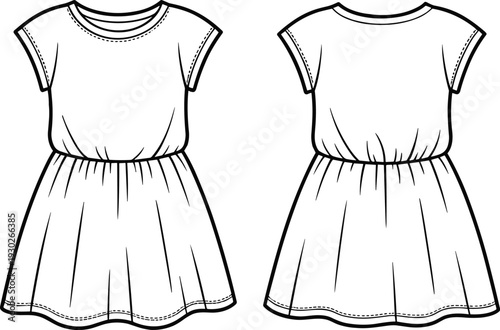 Flat vector CAD fashion drawing of girls casual dress with short sleeves, gathered waist, round neck, simple clean design front and back