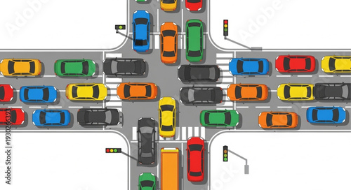 Busy Intersection with Colored Cars.
