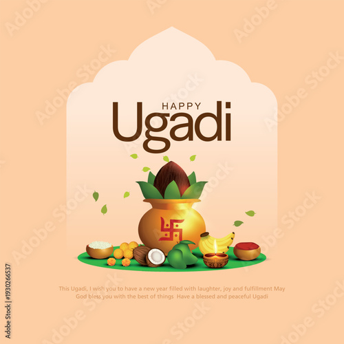 Happy Ugadi New Year festival. Holiday celebrated in Karnataka and Andhra Pradesh. Creative vector illustration design.