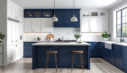 Elegant Kitchen Design with Blue Island and White Cabinets.