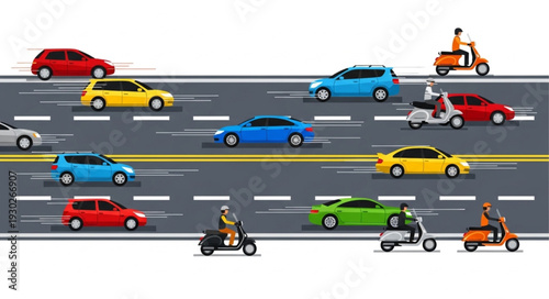 Busy Highway with Cars and Motorcycles.