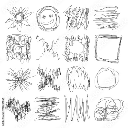 Hand drawn messy scribble doodles and abstract shapes set, Creative marker scribble frames and decorative line symbols, Minimalist organic pen sketch elements for social media, Black ink handdrawn 