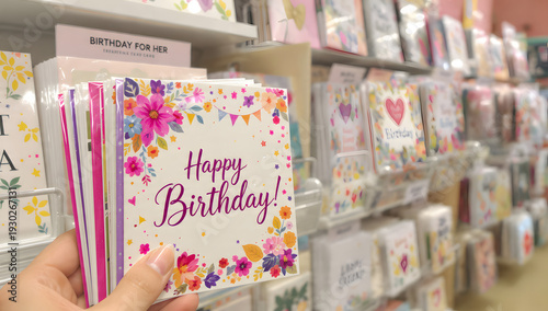 Hand holding colorful birthday card in a greeting card store aisle