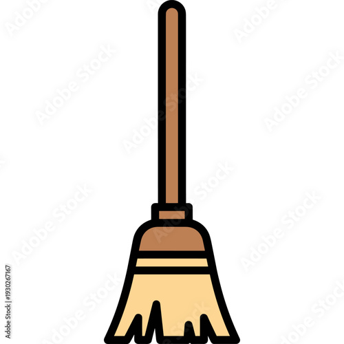 Broom with wooden handle and bristles.