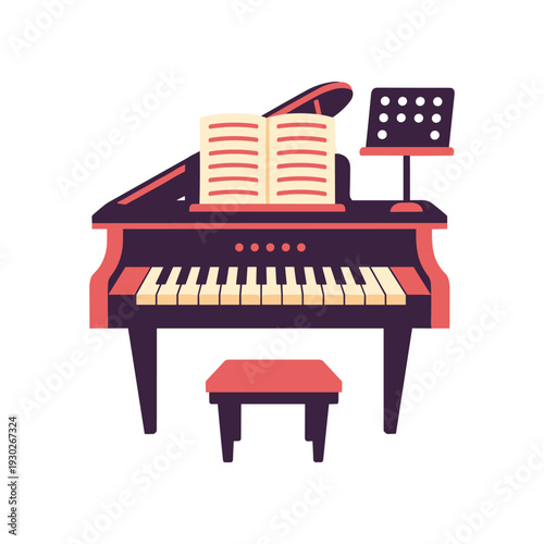 Grand Piano with Music Sheet and Stool.