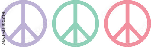 Pastel Peace Symbol Icon Set in Purple Mint and Pink Circle Signs for Harmony, Love, Anti War Message, and Retro Design