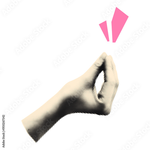 Halftone hand emoji gesture with pinched fingers and pink accent marks. Italian Bellissimo or Ma Che Vuoi hand sign. Cut out sticker for collage and scrapbook Modern retro vector illustration isolated