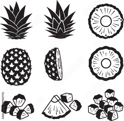 Black and White Pineapple Fruit Illustrations