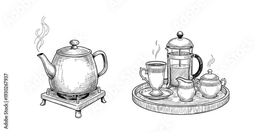 Hand Drawn Teapot and Tea Set Sketch with Vintage Engraving Style