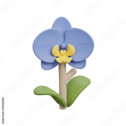 A charming 3D illustration of a delicate blue orchid with yellow accents and green leaves on a white background