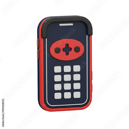 A 3D rendering of a retro-style mobile phone with a classic gamepad design, showcasing a nostalgic blend of communication and entertainment technology