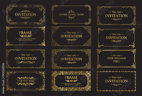 Design gold elements set, decorative flourish border corner and frame collection for invitation, menu and page decoration