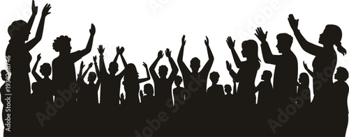 Cheering crowd silhouette of people clapping and raising hands at concert, cad drawing flat vector illustration