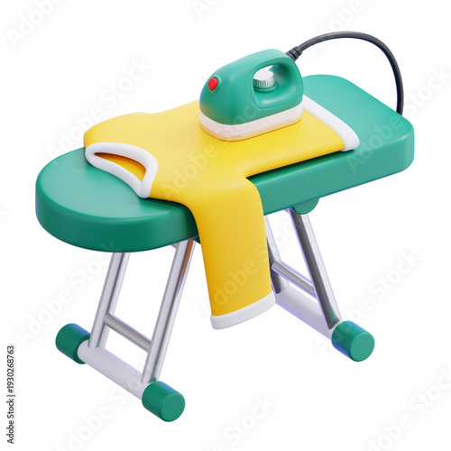 A 3D illustration depicting a yellow t-shirt being ironed on a green ironing board with a teal iron and black cord against a white background, symbolizing laundry care and household chores