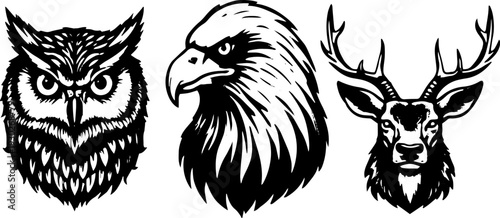 Black and white vector illustration set of owl, eagle, and deer head in detailed wildlife style, isolated animal silhouettes on light background.