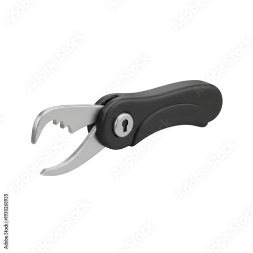 A 3D Rendered Image of a Black and Silver Tool with a Keyhole Emblem, Likely a Pliers or Clamp