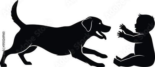 Dog and baby silhouette playing together, happy pet dog reaching out to sitting infant, family bond flat vector illustration on white background.
