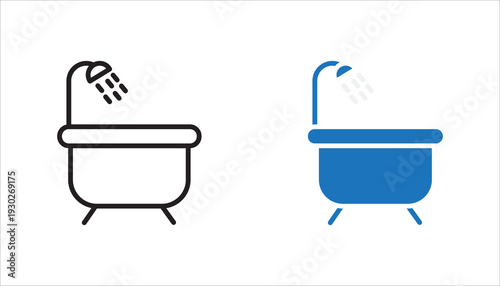 Simple outline icon of a bathtub with shower head and water spray. Clean and modern editable stroke vector illustration for bathroom, hygiene, home interior, and sanitation concepts.