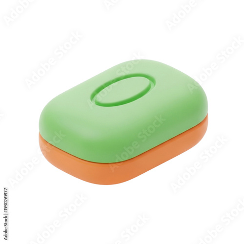 A minimalist 3D render of a bright green and orange oval-shaped soap dish with a clean and modern aesthetic, perfect for home or travel organization